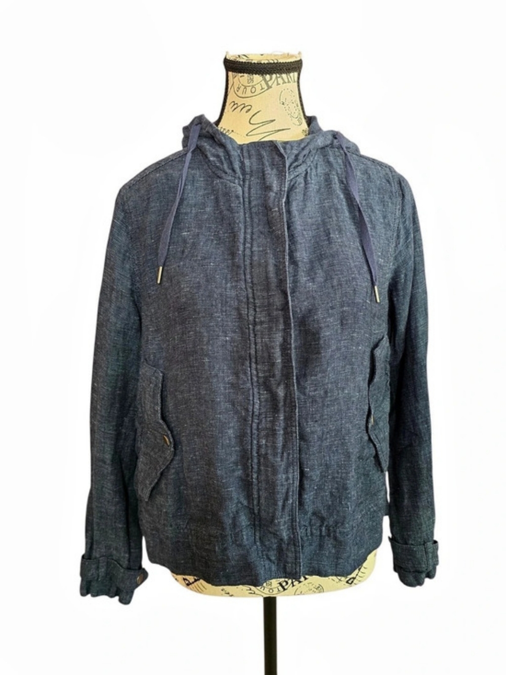 C&C California 100% Linen Blue Zipper Front Hooded Jacket M Coastal